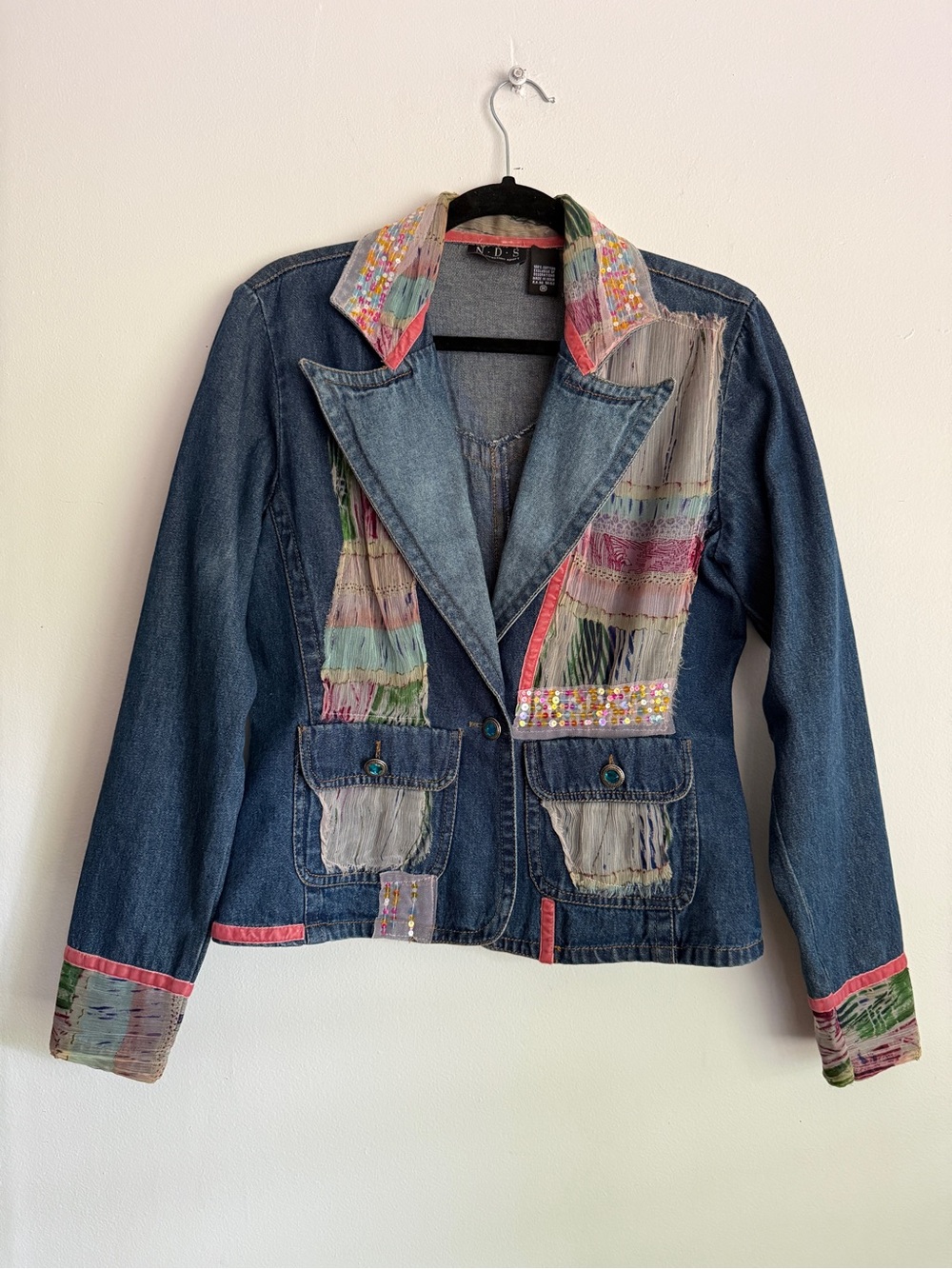 New Direction Sport Patchwork Denim Jacket Multicolor Boho Cotton M Vintage 90s